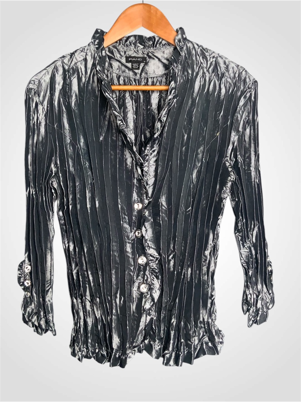 Piano Vintage Crinkle-Texture Shiny Pewter Button-Front Women's Shirt M